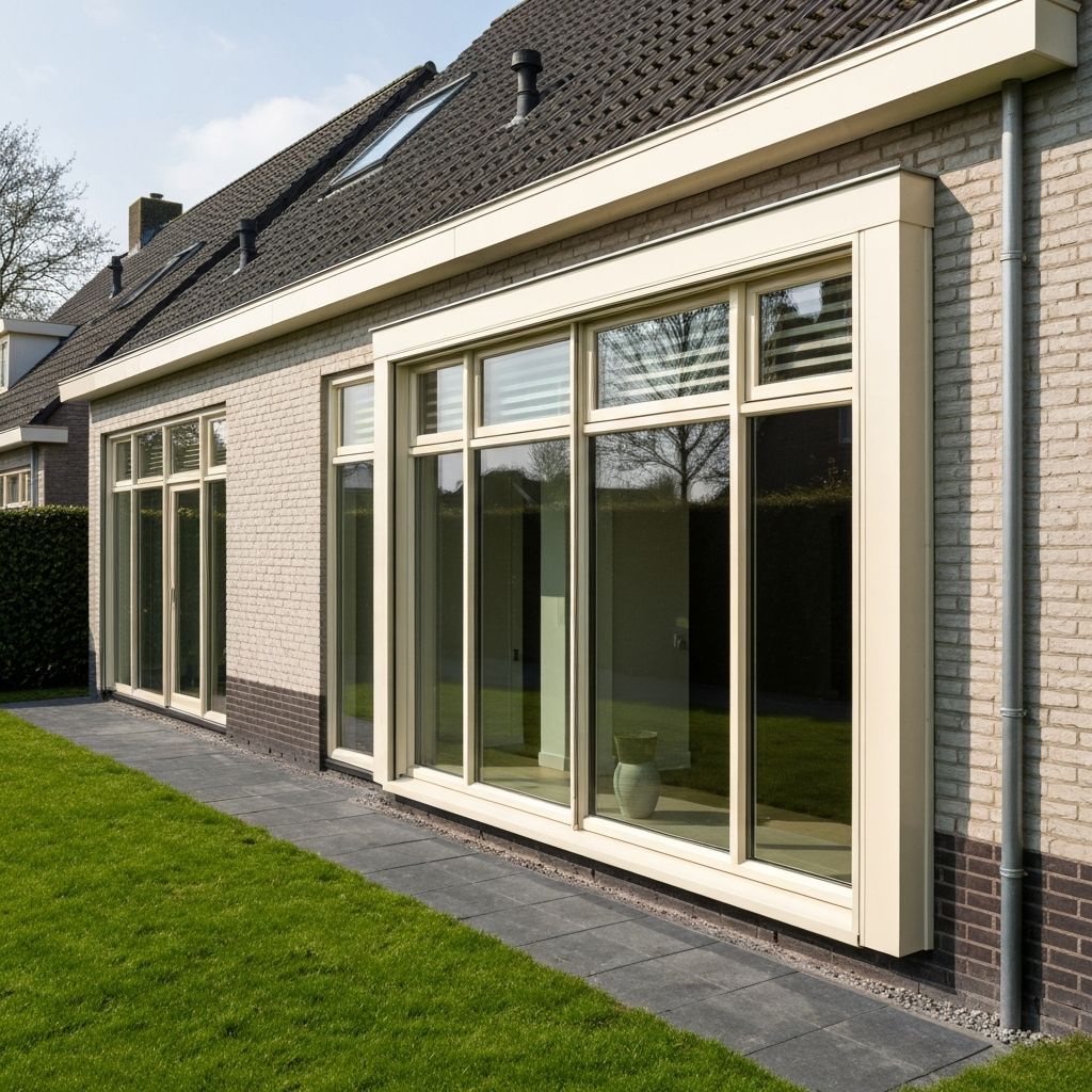 Crèmekleurige kunststof kozijnen aan een twee-onder-een-kap woning in Princenhage